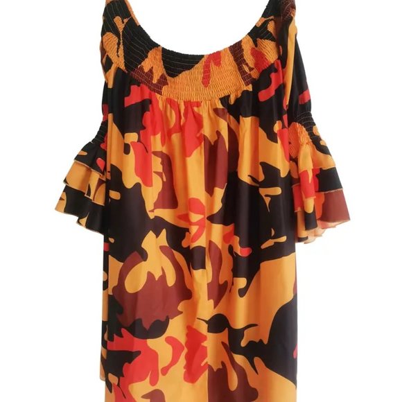 Plus Abstract Print Shirred Off Shoulder Layered Sleeve Slight Stretch Dress - Picture 6 of 11